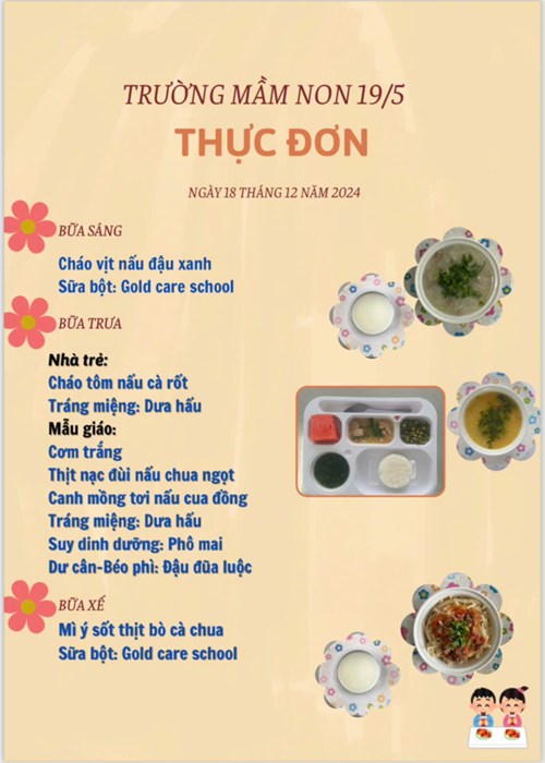 Thực đơn ngày 18 tháng 12 năm 2024