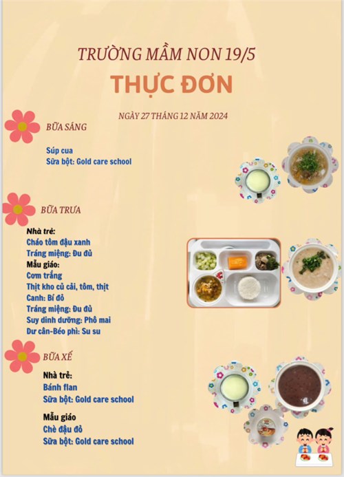 Thực đơn ngày 27 tháng 12 năm 2024