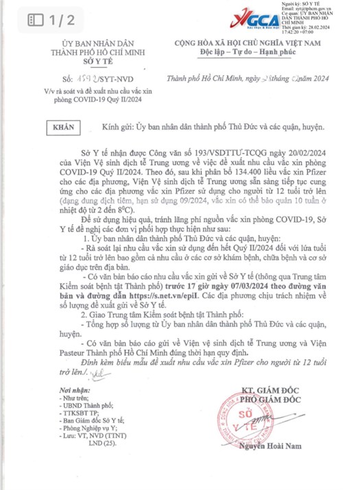 Văn bản số 1592/SYT-NVD, ngày 28 tháng 2 năm 2024 về rà soát và đề xuất nhu cầu vắc xin phòng COVID-19 Qúy II.2014