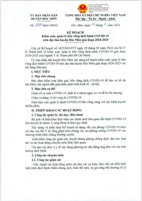 Kế hoạch số 1205/KH-UBND, ngày 20 tháng 3 năm 2024 của Huyện Hóc Môn, về kiểm soát, quản lý bền vững dịch COVID-19 trên địa bàn Huyện Hóc Môn giai đoạn 2024 - 2025.