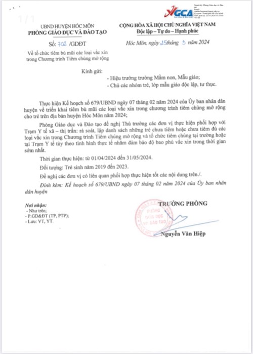 Văn bản số 702/GDĐT ngày 25 tháng 3 năm 2024 của Phòng giáo dục và Đào tạo, về tổ chức tiêm bù mũi các loại vắc xin trong chương trình tiêm chủng mở rộng.