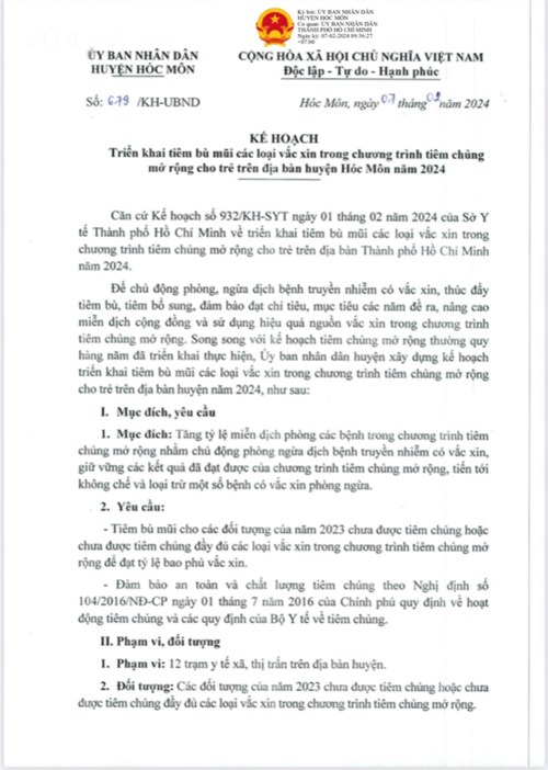 Kế hoạch số 679/KH-UBND ngày 7 tháng 2 năm 2024 của Huyện Hóc Môn, kế hoạch về triển khai tiêm bù mũi các loại vắc xin trong chương trình tiên chủng mở rộng cho trẻ trên địa bàn Huyện Hóc Môn năm 2024.