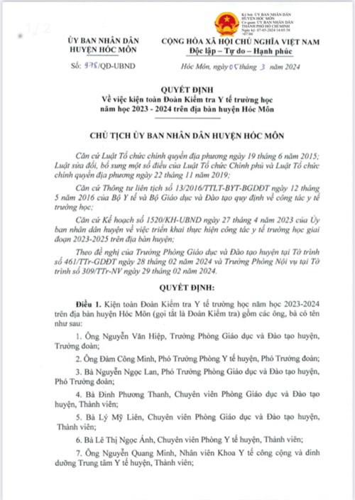 Quyết định số 978/QĐ-UBND, ngày 05 tháng 03 năm 2024 của Huyên Hóc Môn, quyết định về việc kiện toàn Đoàn kiểm tra Y tế trường học năm học 2023 - 2024 trên địa bàn Huyện Hóc Môn.