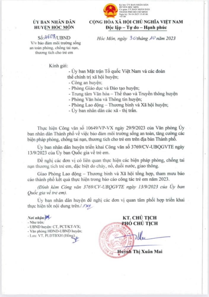 Văn bản số 4608/UBND ngày 30 tháng 10 năm 2023 của Huyện Hóc Môn về việc bảo đảm môi trường sống an toàn phòng, chống tai nạn, thương tích cho trẻ em.