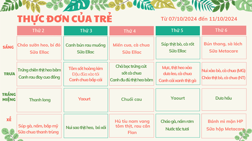 Thực đơn trẻ từ 07/10 đến 11/10/2024