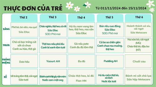 Thực đơn của trẻ từ 11.11 đến 15.11.2024