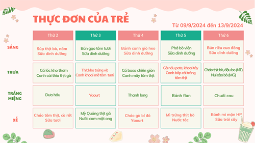 Thực đơn của bé từ 09/9/2024 đến 13/9/2024