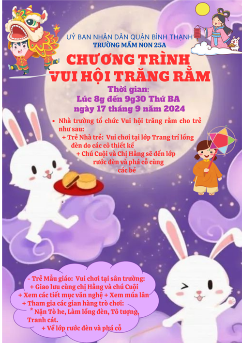 Trường Mầm non 25A thông báo Chương trình Vui hội Trăng rằm tổ chức cho các bé