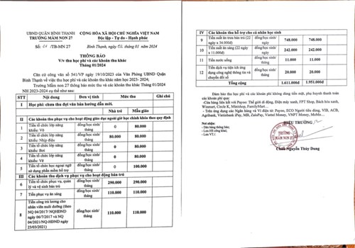 Thông báo Vv thu học phí và các khoản thu khác Tháng 01/2024