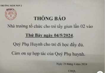 Thông báo về việc tổ chức cho các bé uống thuốc tẩy giun lần 2