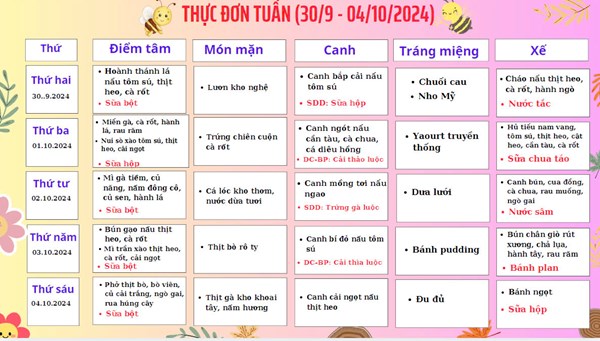 Thực đơn tuần 30/9 đến 04/10/2024