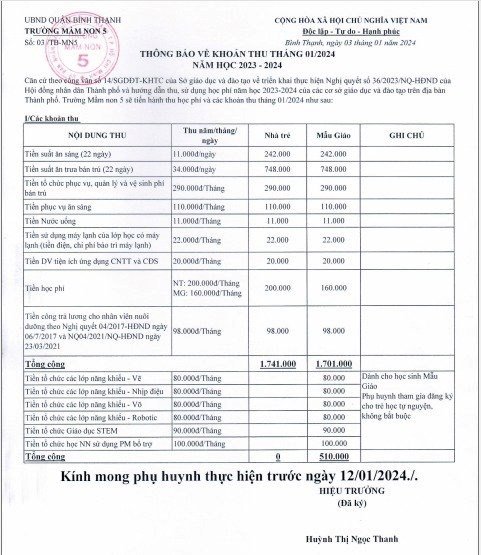 Thông báo các khoản thu Tháng 1 năm 2024
