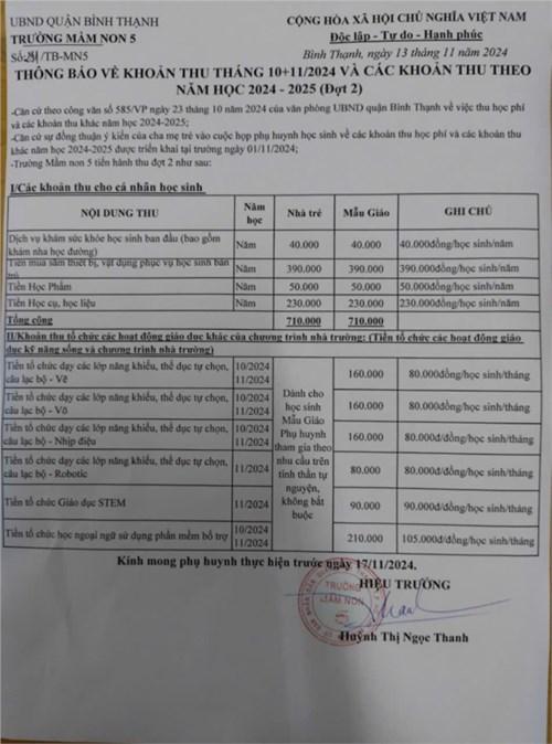 Thông báo về khoản thu tháng 10+11  và các khoản thu theo năm học 2024-2025 (Đợt 2)