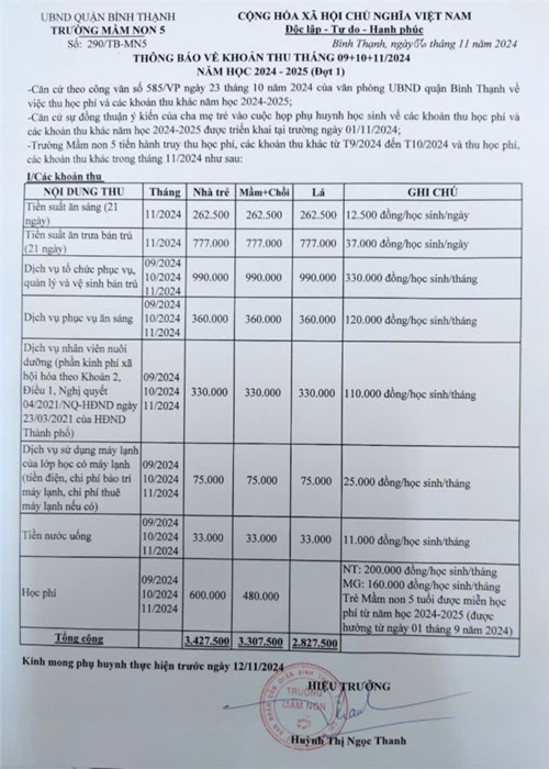 Thông báo về các khoản thu tháng 9+10+11 năm học 2024-2025 (Đợt 1)