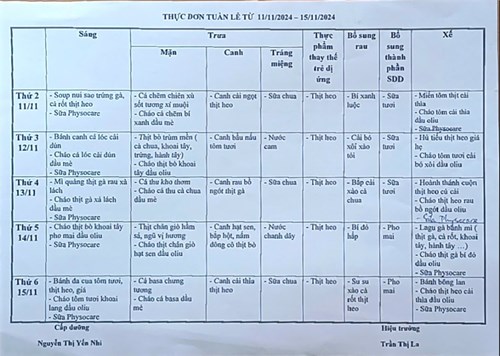 Thực đơn bán trú từ 11/11 đến 15/11/2024