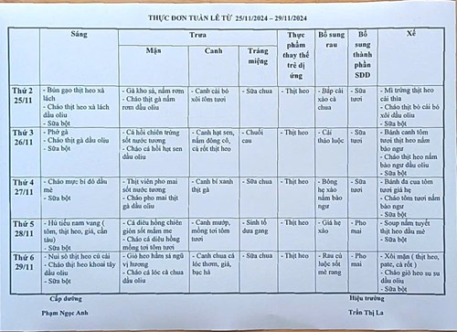 Thực đơn bán trú từ 25/11 đến 29/11/2024