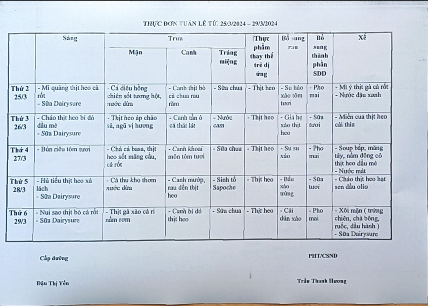 Thực đơn bán trú từ 25/03 đến 29/03/2024