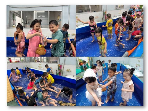 Trường Mầm non Phường 8 tổ chức Trò chơi tắm mưa, bắt cá
