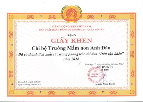 Giấy khen số 210-QĐ/ĐU ngày 10 tháng 10 năm 2024 của Đảng ủy Phường 17 về khen tặng chi bộ có thành tích xuất sắc trong phong trào thi đua  Dân vận khéo  năm 2024