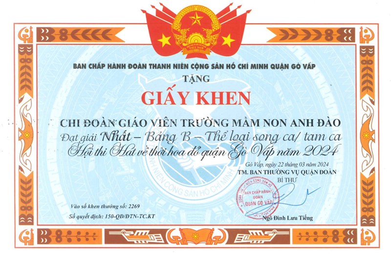 Giấy khen số 150-QĐ/ĐTN-TC.KT ngày 22/3/2024 của Ban chấp hành Đoàn thanh niên Cộng sản Hồ Chí Minh quận Gò Vấp về Chi đoàn đạt giải Nhất - Bảng B thể loại Song ca/ Tam ca Hội thi hát về thời hoa đỏ quận Gò Vấp năm 2024