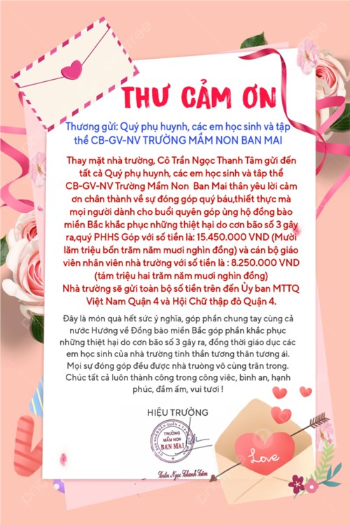 THƯ CẢM ƠN của Trường Mầm Non Ban Mai gửi đến Qúy PHHS và CBGVCNV nhà trường cho đợt ủng hộ quyên góp ngày 17/9/2024