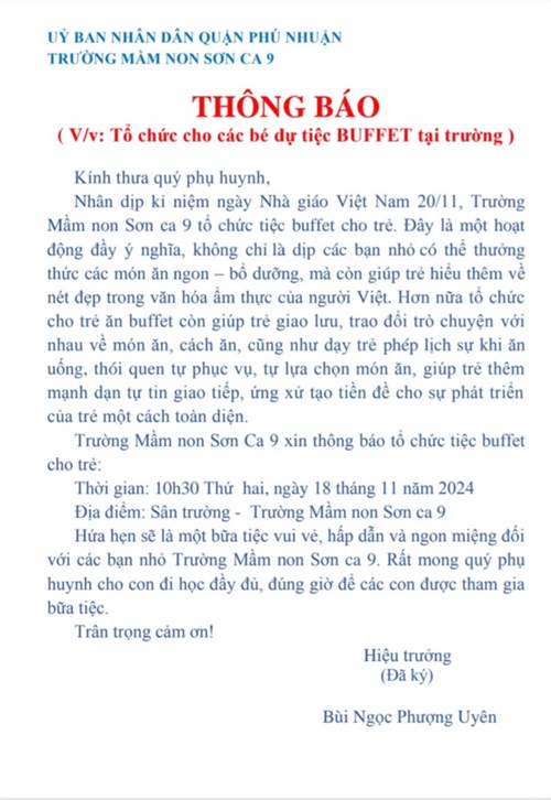 Tổ chức cho các bé dự tiệc buffet tại trường