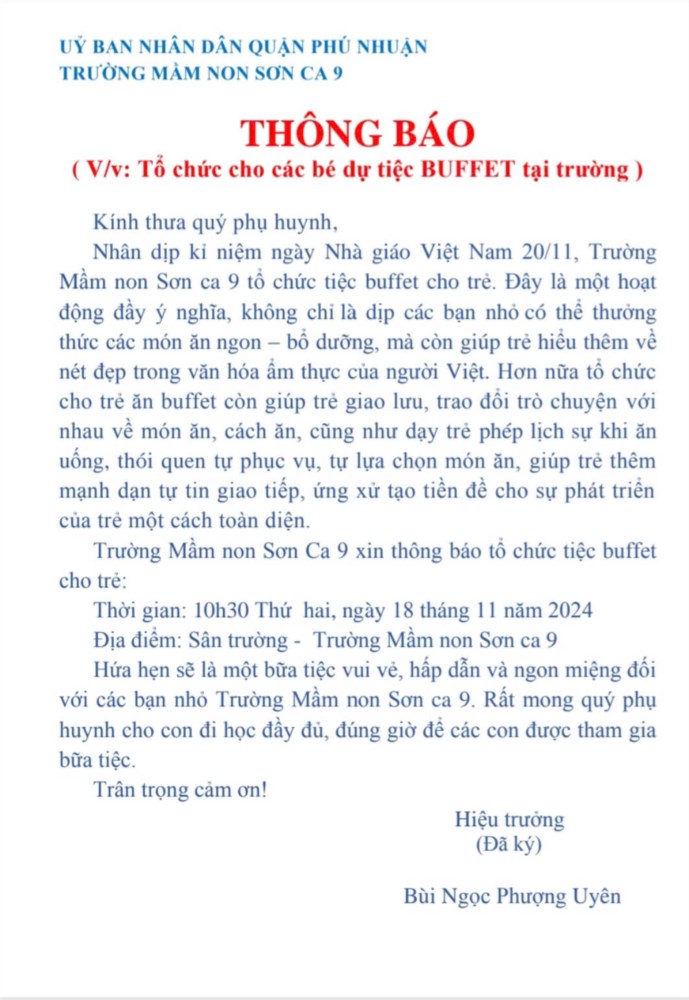 Tổ chức cho các bé dự tiệc buffet tại trường