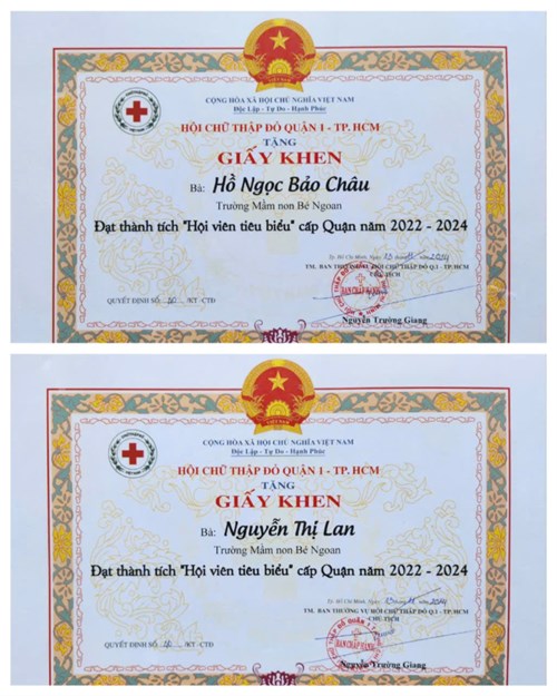 Trường Mầm non Bé Ngoan chúc mừng 02 cá nhân đạt thành tích Hội viên Chữ thập đỏ tiêu biểu Quận 1 năm 2022-2024