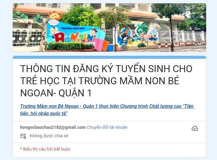 Trường Mầm non Bé Ngoan tiếp nhận thông tin phụ huynh đăng ký tuyển sinh năm học 2024 - 2025 tạm thời theo hình thức: Phụ huynh đến trường đăng ký trực tiếp HOẶC đăng ký tuyển sinh theo đường link đính kèm.
