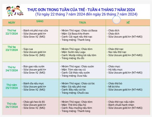Thực đơn trong tuần của trẻ - Tuần 4 tháng 7 năm 2024