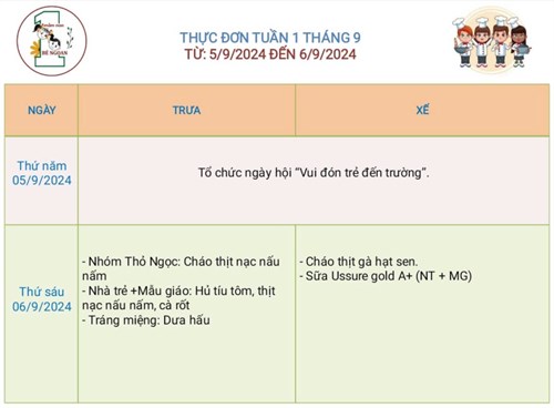Thực đơn Tuần 1 tháng 9 năm 2024 của bé