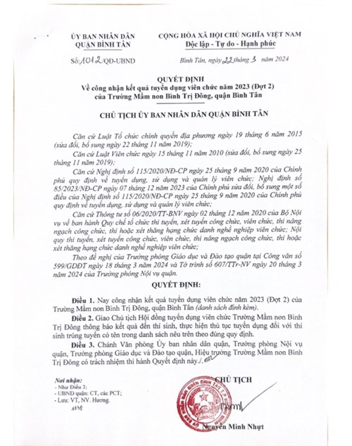 Quyết định về công nhận kết quả tuyển dụng viên chức năm 2023 (Đợt 2) của Trường Mầm non Bình Trị Đông quận Bình Tân.