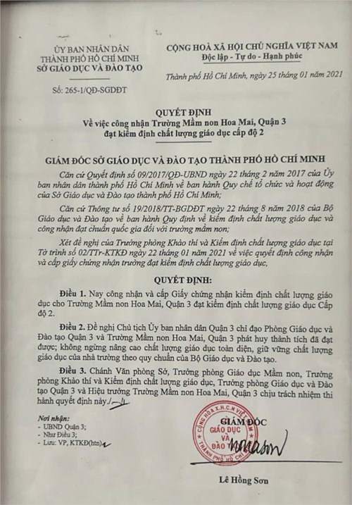 MN Hoa Mai Quận 3 - Quyết định công nhận kiểm định chất lượng Giáo dục cấp độ 2.