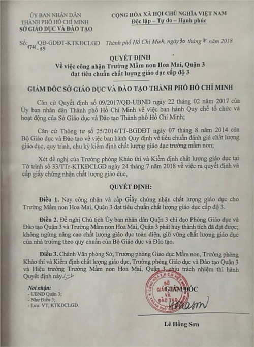 MN Hoa Mai Quận 3 - Quyết định công nhận kiểm định chất lượng Giáo dục cấp độ 3.