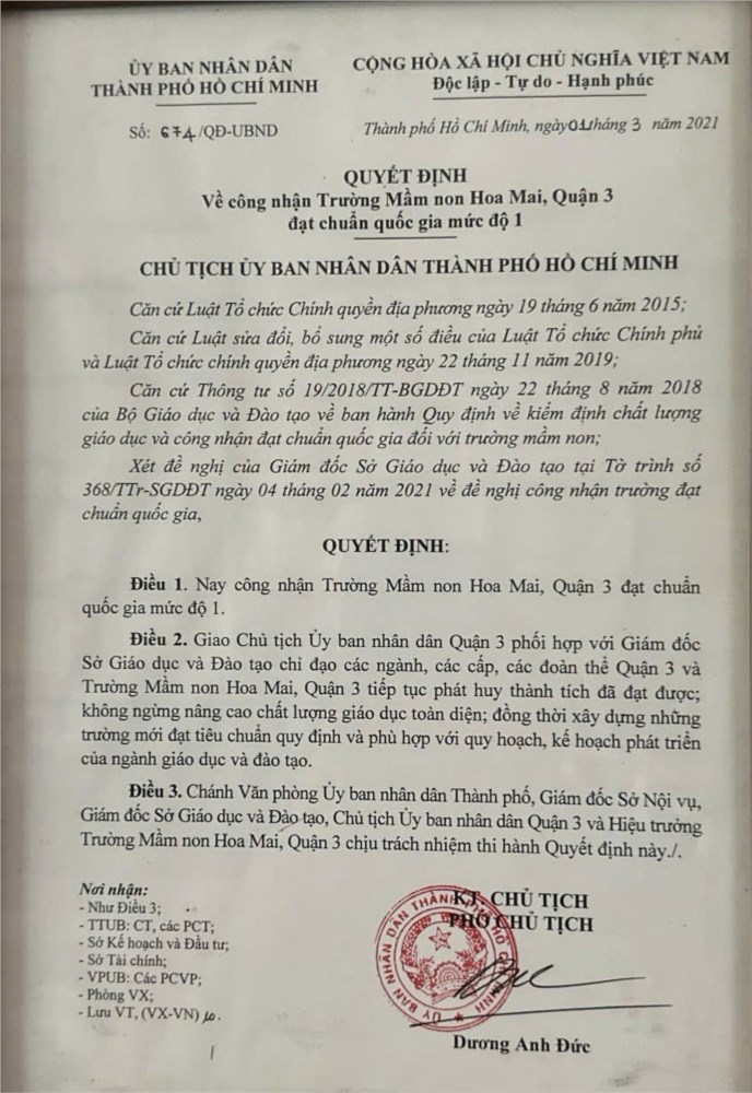 MN Hoa Mai Quận 3 - Quyết định công nhận đạt chuẩn quốc gia mức độ 1