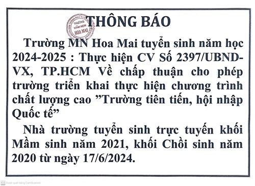 Thông Báo Tuyển Sinh Khối Mầm Và Chồi (Tiên Tiến) Năm Học 2024-2025