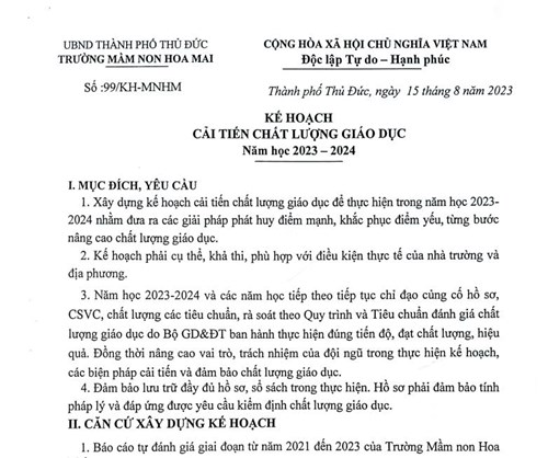 Kế hoạch Cải tiến chất lượng giáo dục năm học 2023-2024