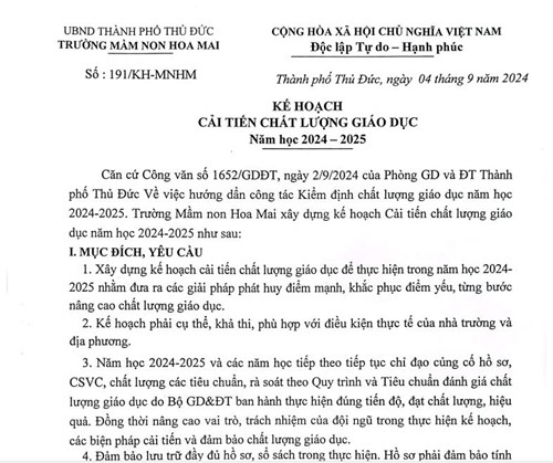 Kế hoạch cải tiến chất lượng giáo dục năm học 2024-2025