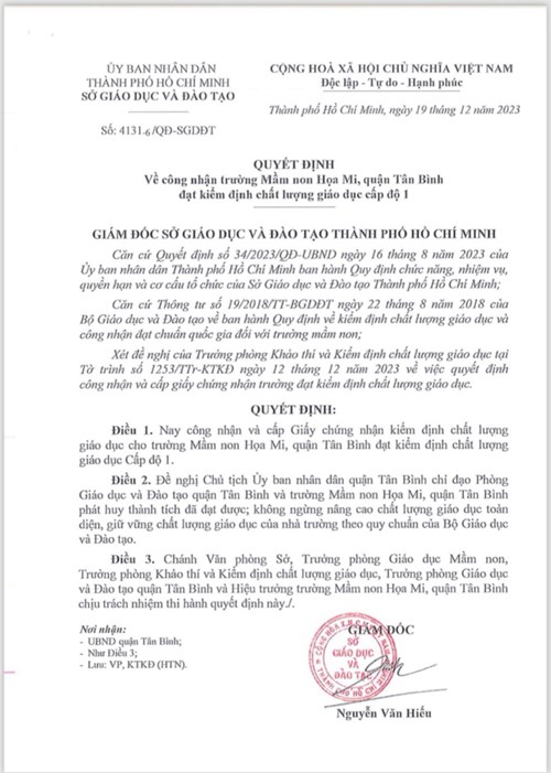 Quyết định công nhận trường Mầm non Hoạ Mi, quận Tân Bình đạt kiểm định chất lượng cấp độ 1