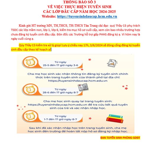 Thông báo về việc thực hiện Tuyển sinh các lớp đầu cấp năm học 2024-2025