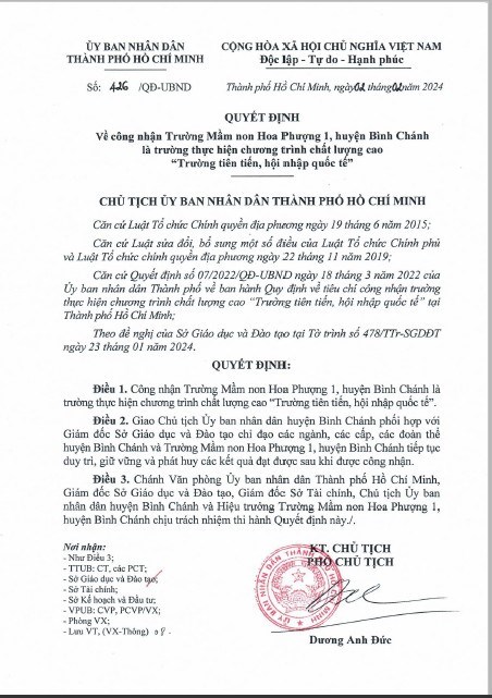 Trường Mầm non Hoa Phượng 1 được công nhận là trường thực hiện chương trình chất lượng cao  Trường tiên tiến, hội nhập quốc tế  vào ngày 02 tháng 02 năm 2024 của Uỷ ban nhân dân Thành phố Hồ Chí Minh.