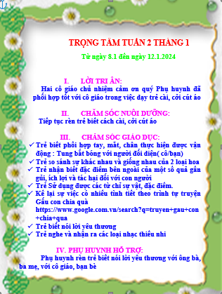 Kế hoạch tuần 2 tháng 1 năm 2024 lớp Chồi 1