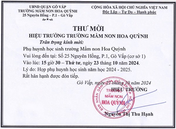 Thư mời họp phụ huynh học sinh đầu năm
Năm học 2024 - 2025
