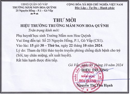 Thư mời hội thảo tuyên truyền phòng chống dịch bênh cho trẻ (Sởi, tay chân miệng, sốt xuất huyết)
Năm học 2024 - 2025