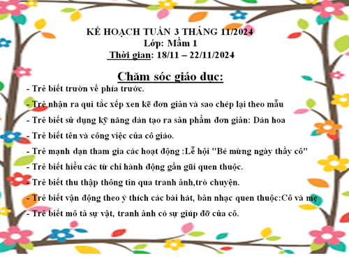 kế hoạch chăm sóc nuôi dưỡng lớp mầm 1 tuần 3 tháng 11