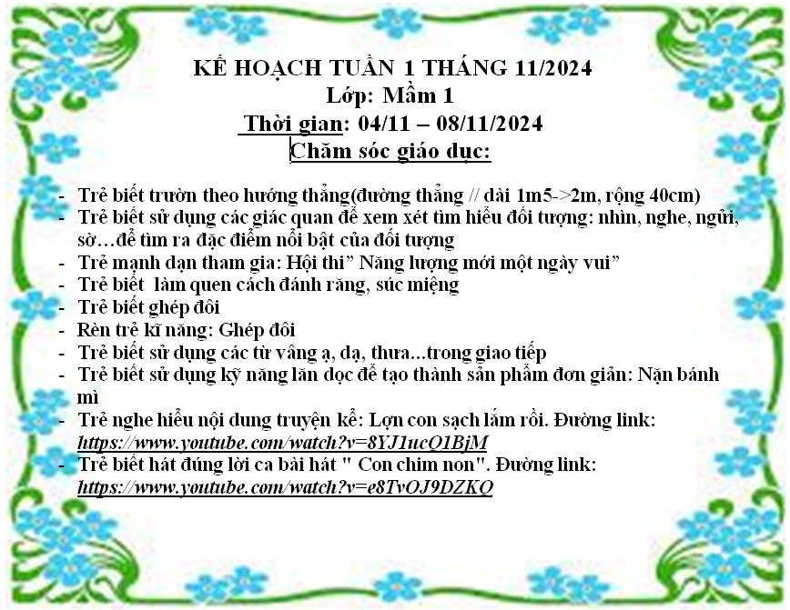 kế hoạch chăm sóc nuôi dưỡng tuần 1 tháng 11 lớp mầm 1
