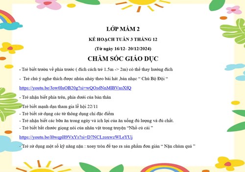 kế hoạch chăm sóc giáo dục lớp mầm 2 tuần 3 tháng 12