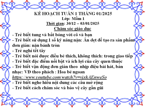 kế hoạch giáo dục lớp mầm 1 tuần 1 tháng 1