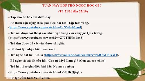 Kế hoạch chăm sóc giáo dục lớp Thỏ Ngọc từ 21/10/2024 đến 25/10/2024