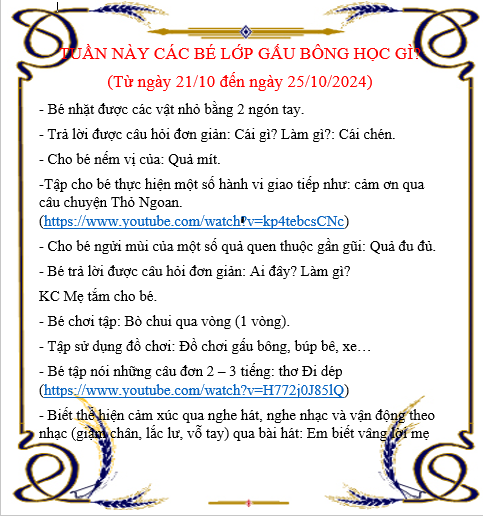 Kế hoạch chăm sóc giáo dục lớp Gấu Bông từ 21/10/2024 đến 25/10/2024
